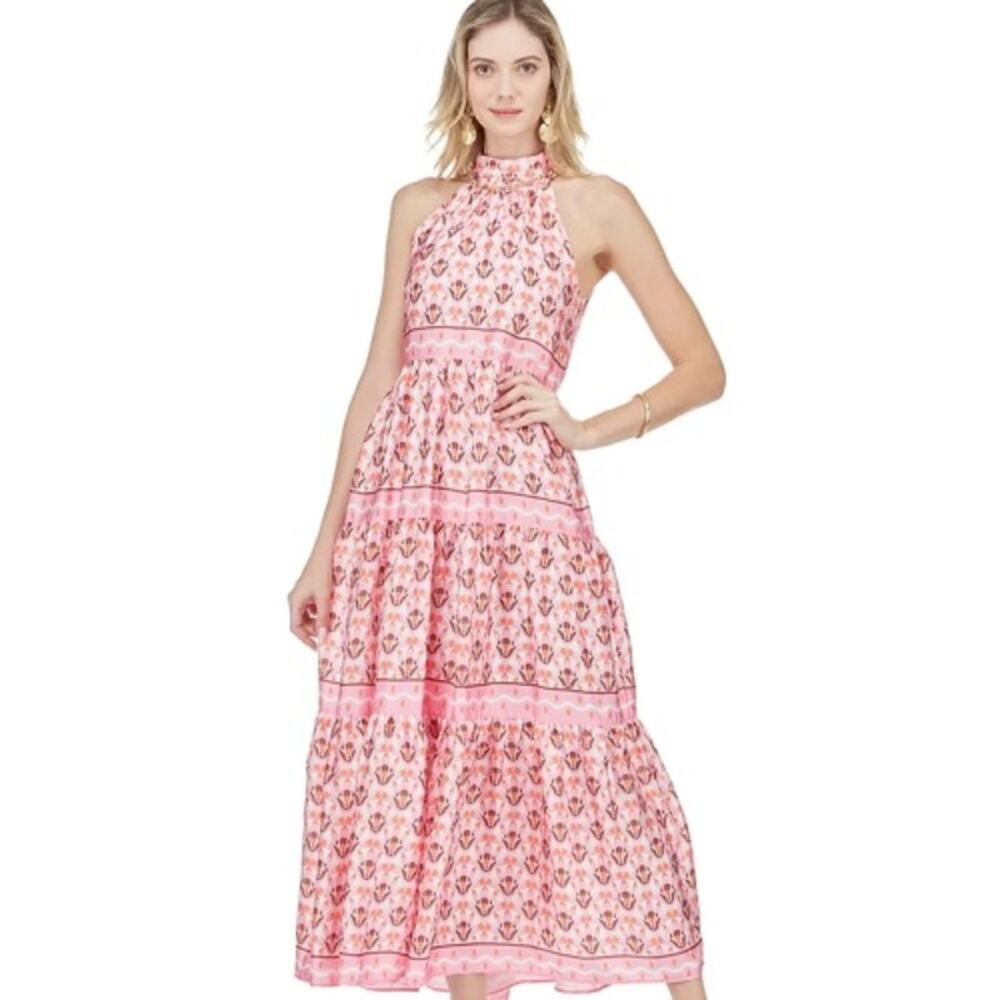Jade Retro Geometric Halter Tiered Maxi Dress Pink Chiffon Resortwear eclectic